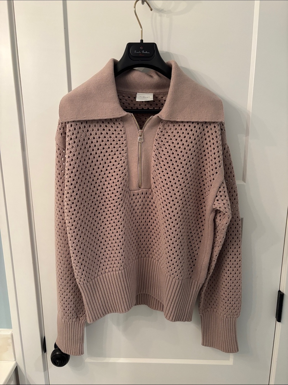 Quiet Luxury Varley Soft Knit Half-Zip Sweater in Beige 100% Cotton